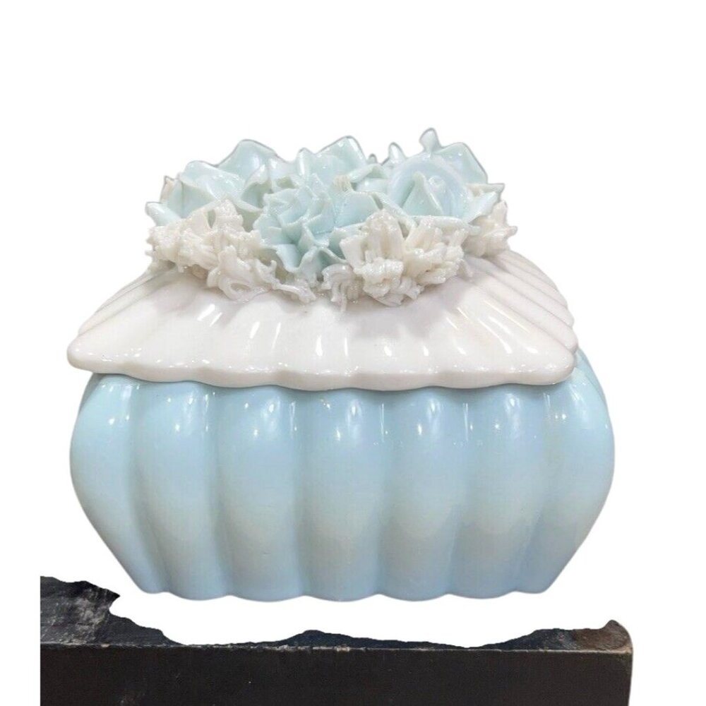 I.W. RICE Japan Porcelain Trinket Square Jewelry Box White Blue Flowers Vintage